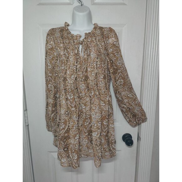 MELLODAY Tops - Melloday Brown Floral Tunic Top Peasant Smocked LS Ruffle Neck S NWT